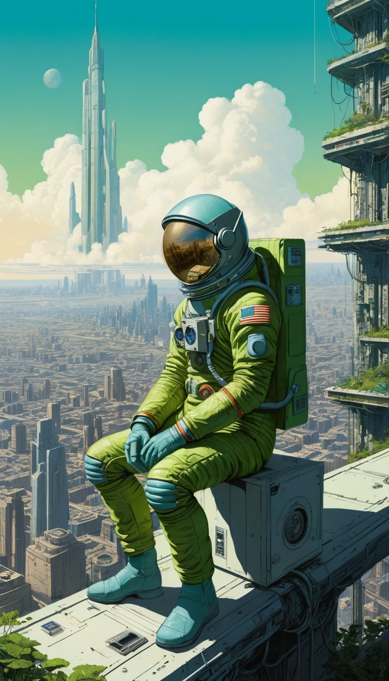 Astronaut ruht über futurischer Stadt-Megastruktur