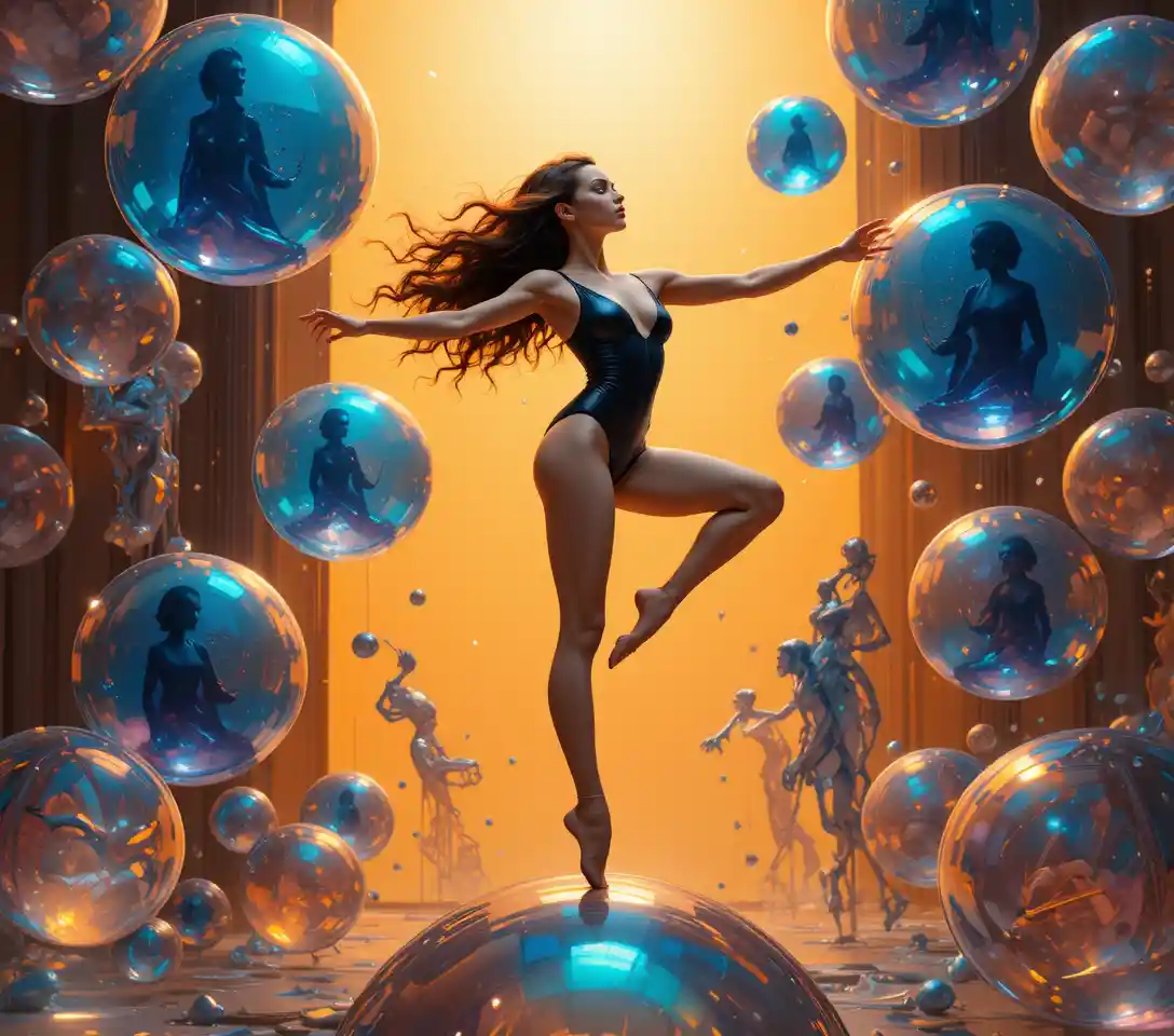 Athletic woman dancing on a glowing transparent sphere