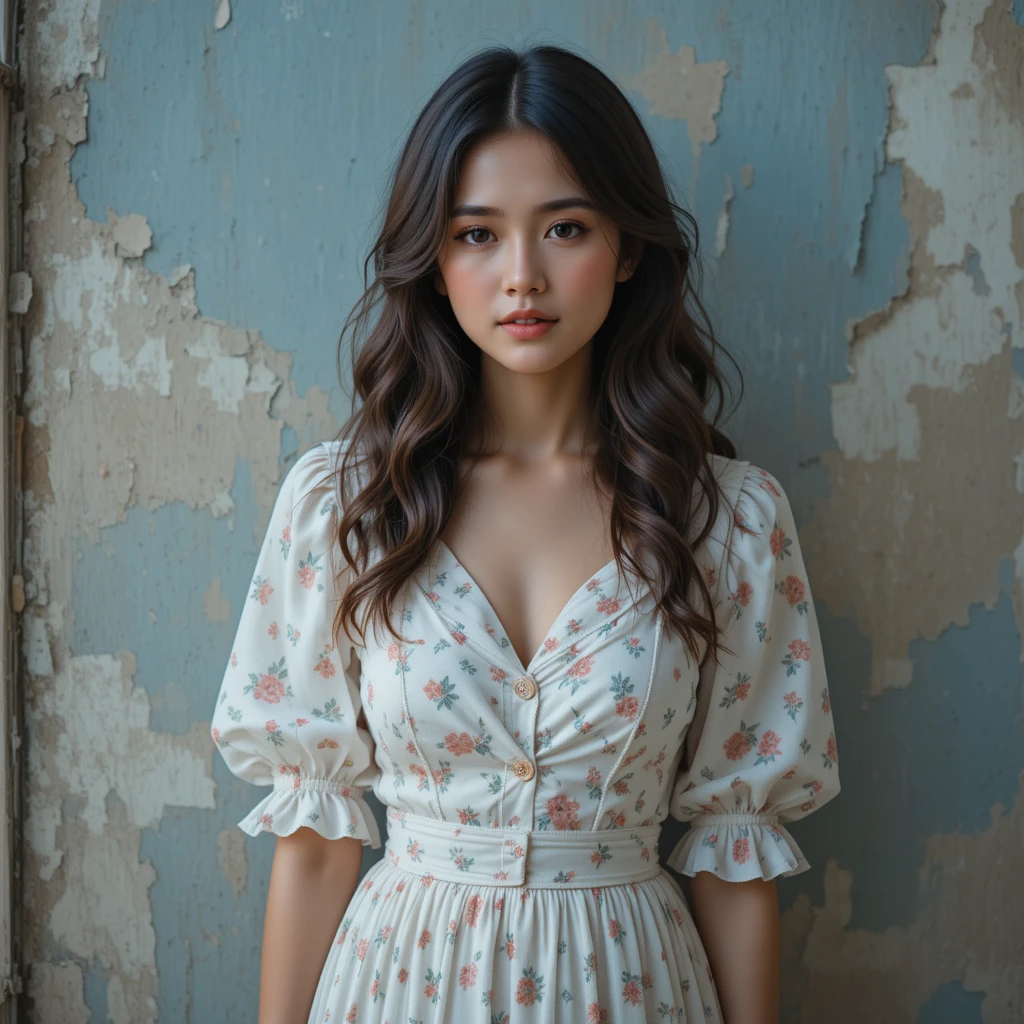 Dreamy portrait of a young woman in a white floral dress