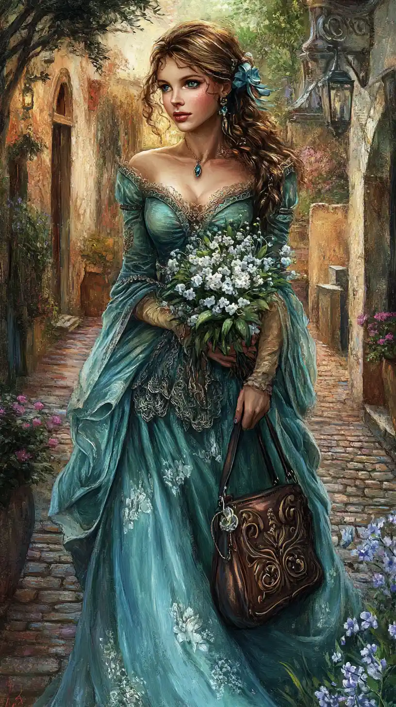 Elegant woman in teal gown on antique european street