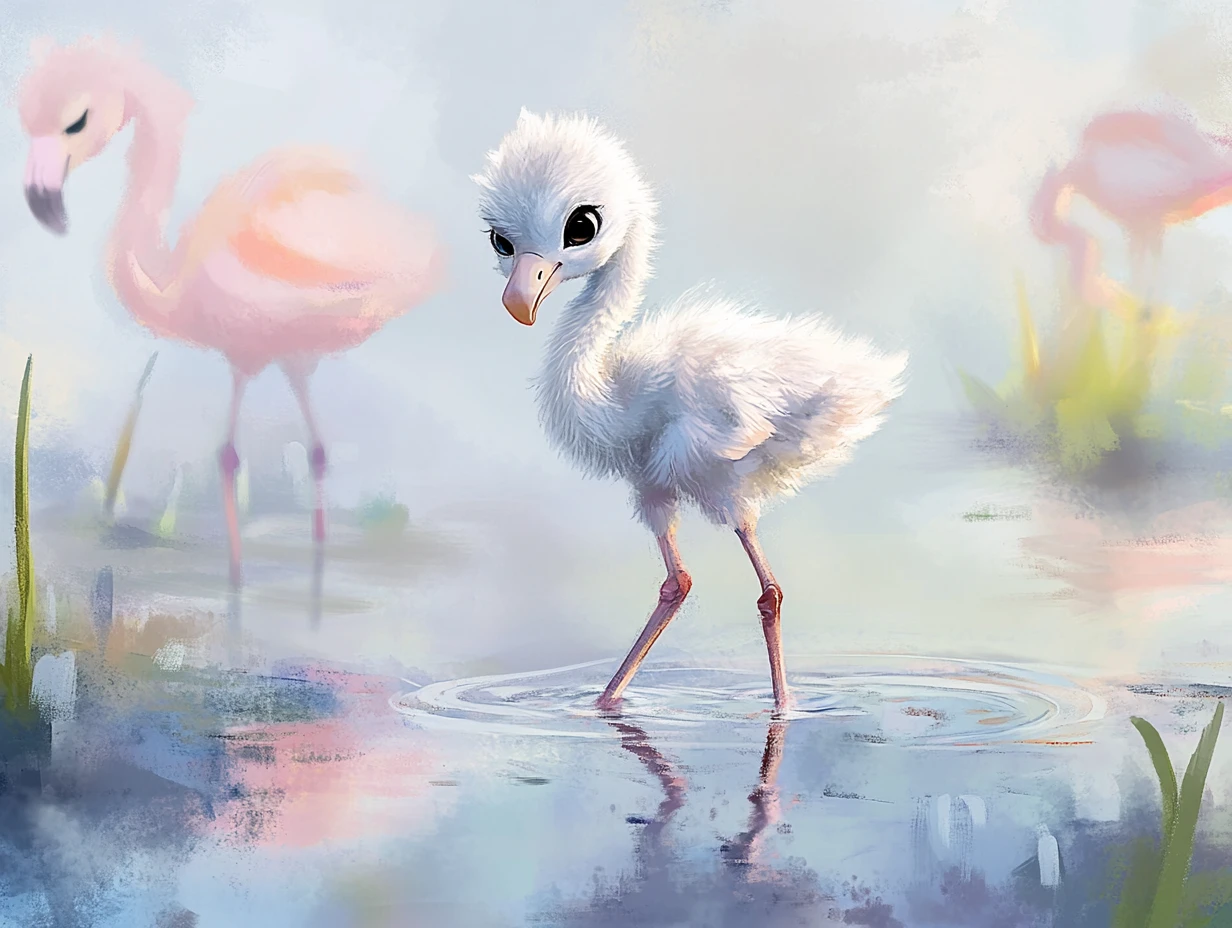 Filhote de flamingo em pé em uma calma lagoa costeira