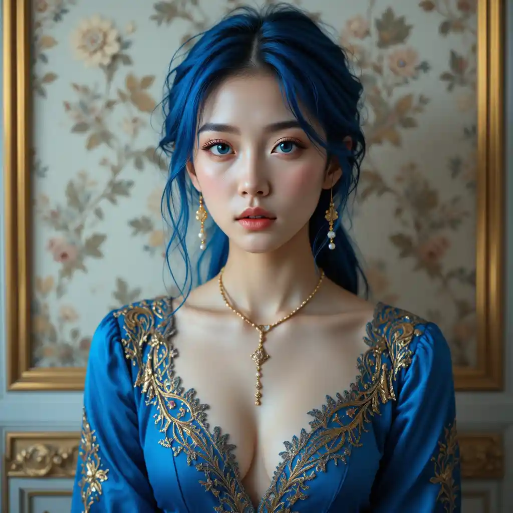 Retrato de garota de cabelo azul em vestido de safira ornamentado