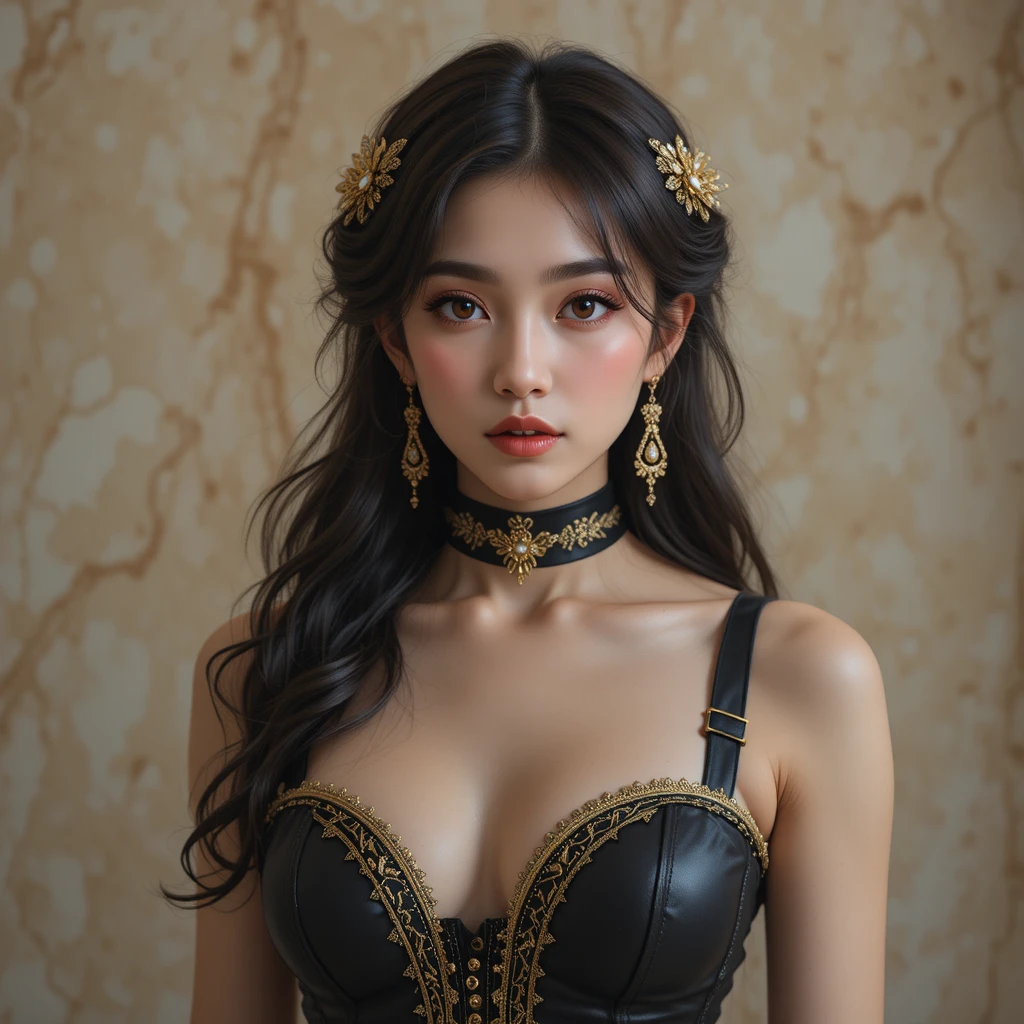 Elegant portrait of an East Asian woman in black corset