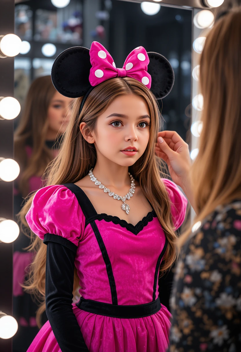 Menino com vestido rosa da Minnie fazendo maquiagem em boutique