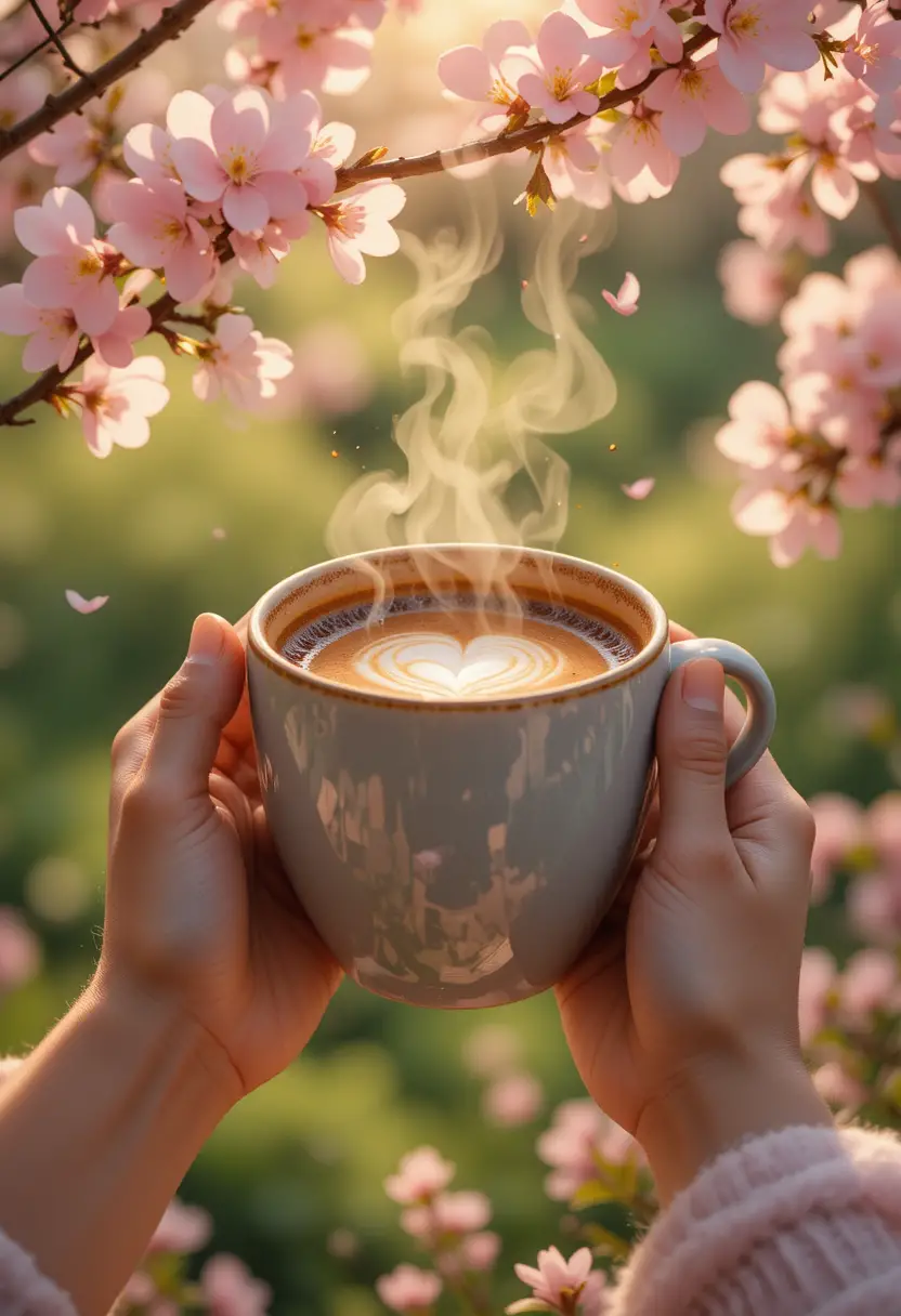 Mani che tengono un caffè fumante sotto i fiori di primavera