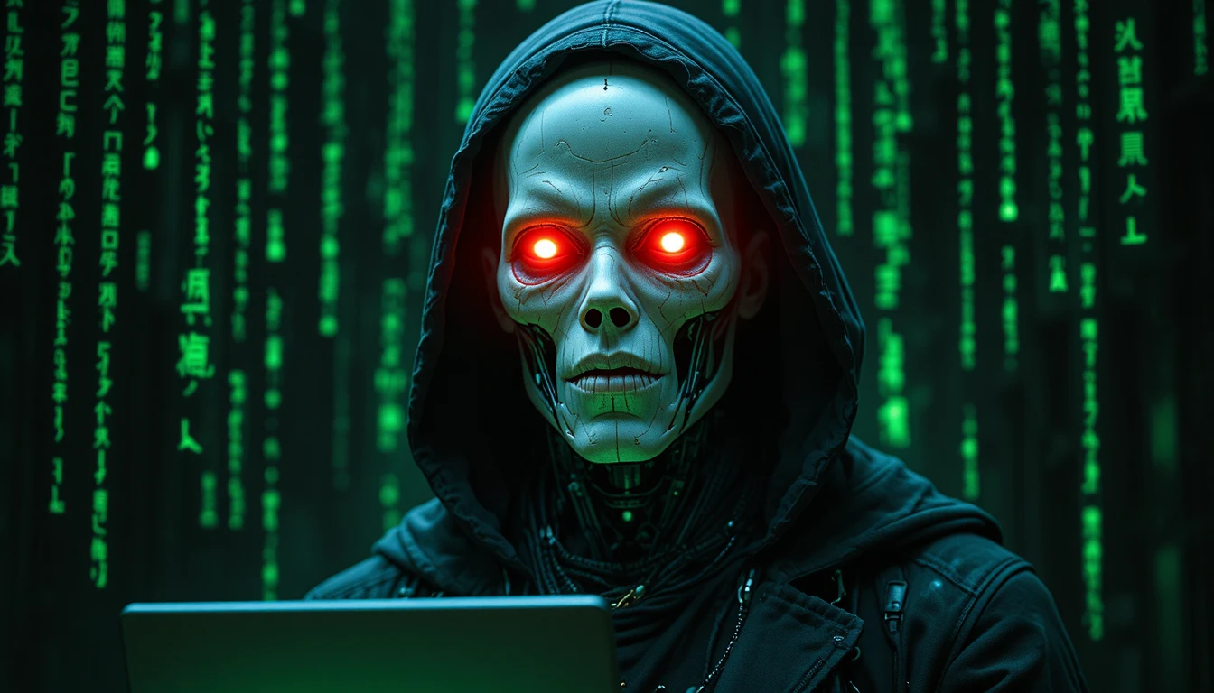 Hacker robô humanóide encapuzado com olhos vermelhos brilhantes