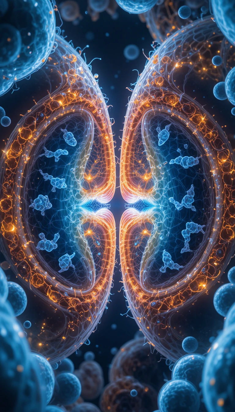 Detailed cellular mitosis with chromosomes separating into daughter cells