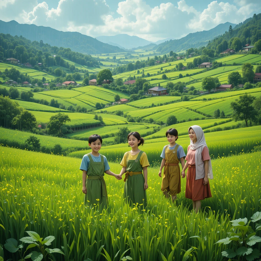 Villagers smiling in lush green fields after rain
