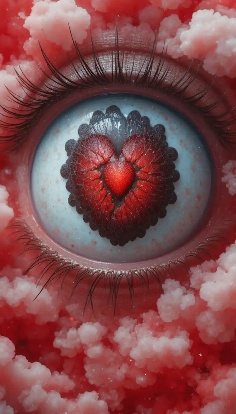 Primer plano de un gran ojo con el reflejo de un corazón rojo