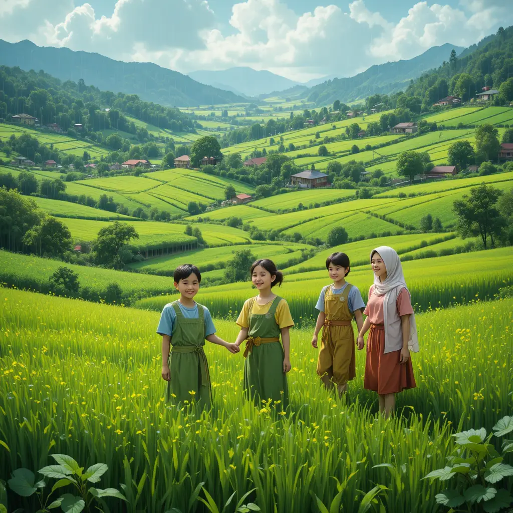 Villagers smiling in lush green fields after rain