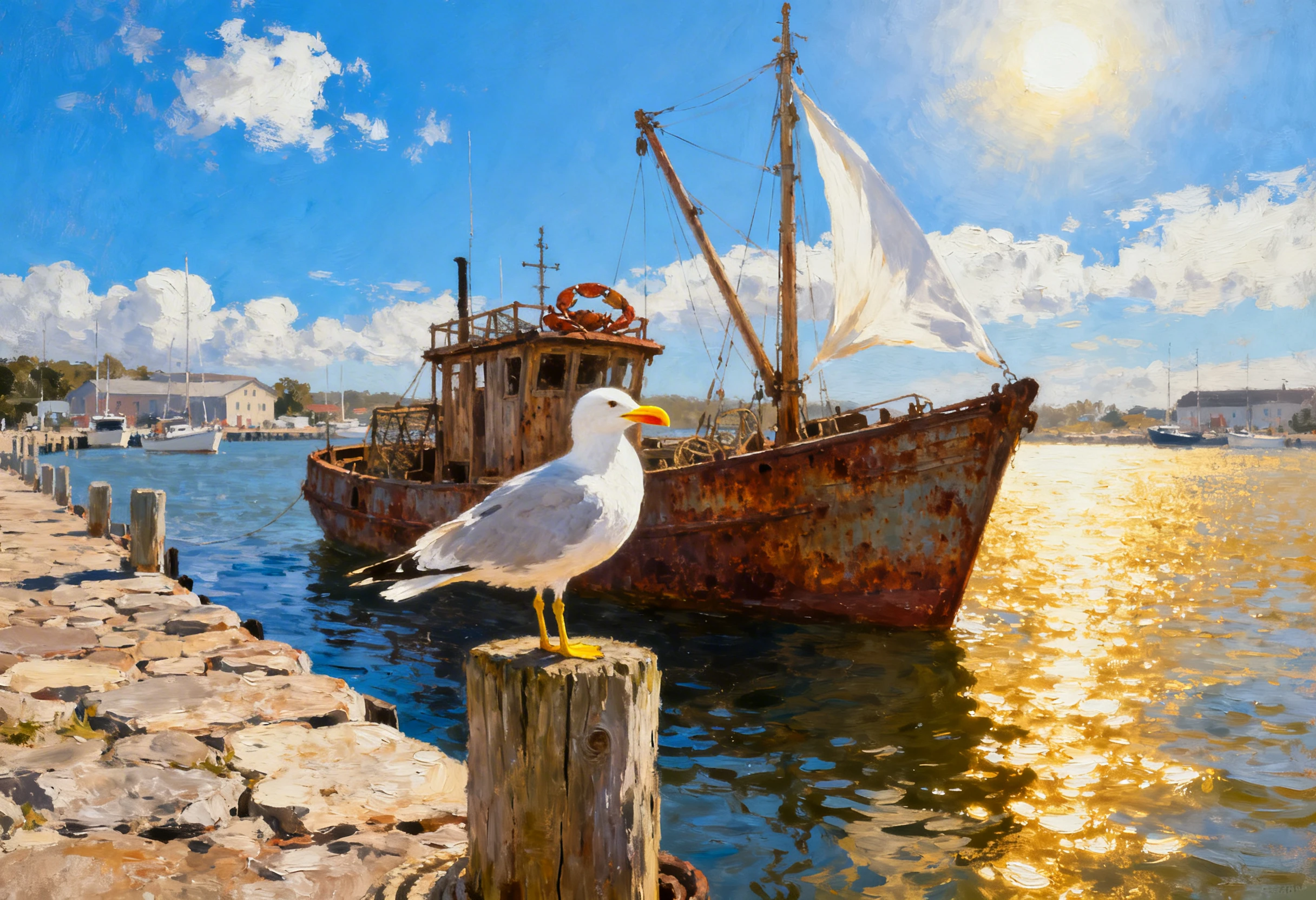 Gaivota em poste de madeira diante de porto de barcos de pesca vintage