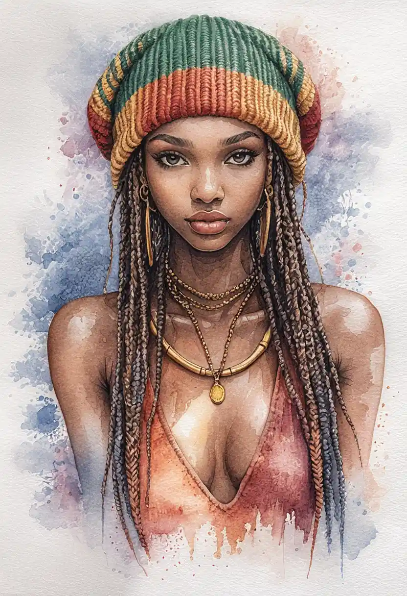 Serene portrait of a black woman in a rasta knit beanie