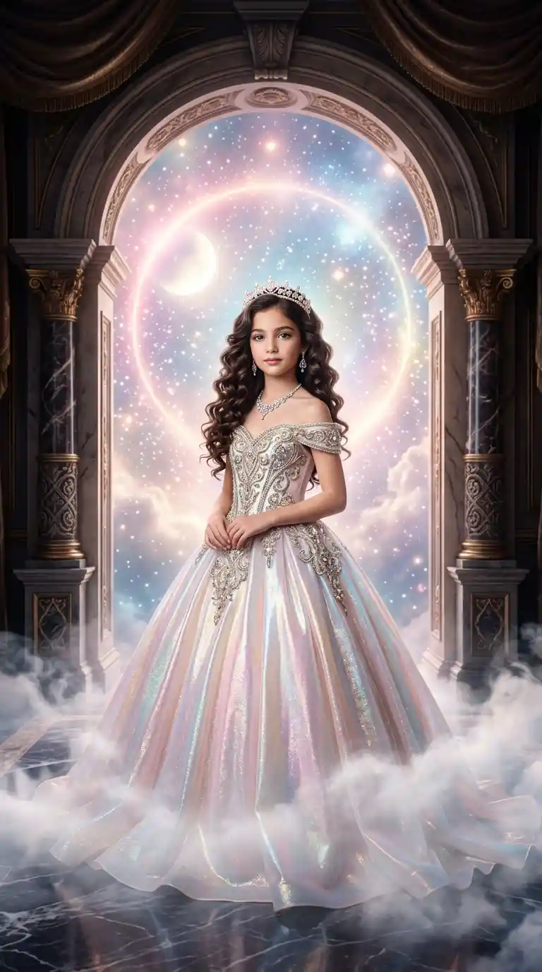 Regal young princess standing before a glowing celestial portal