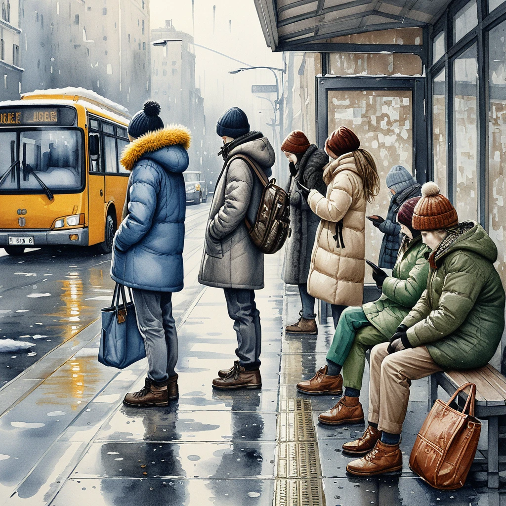 Winter city bus stop scene with five waiting commuters