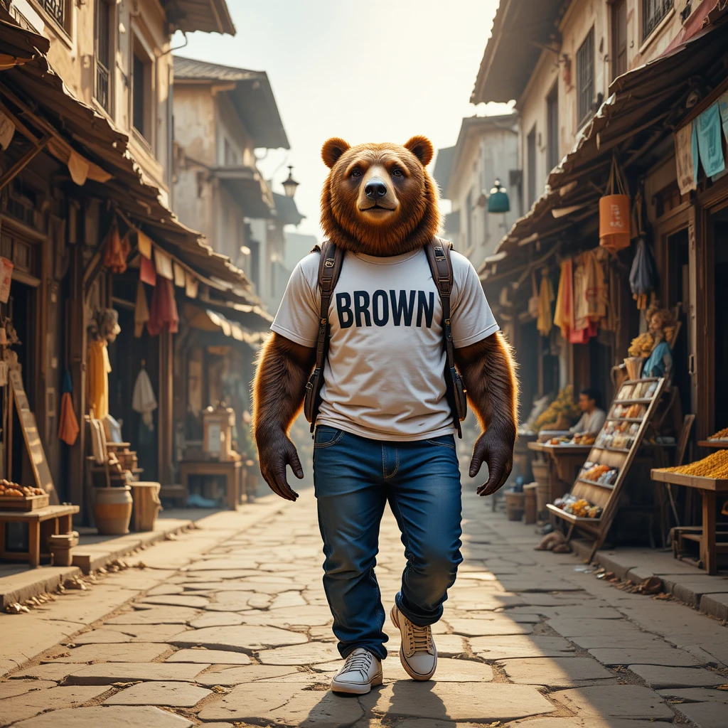 Brown bear in jeans walking through an old Indian market