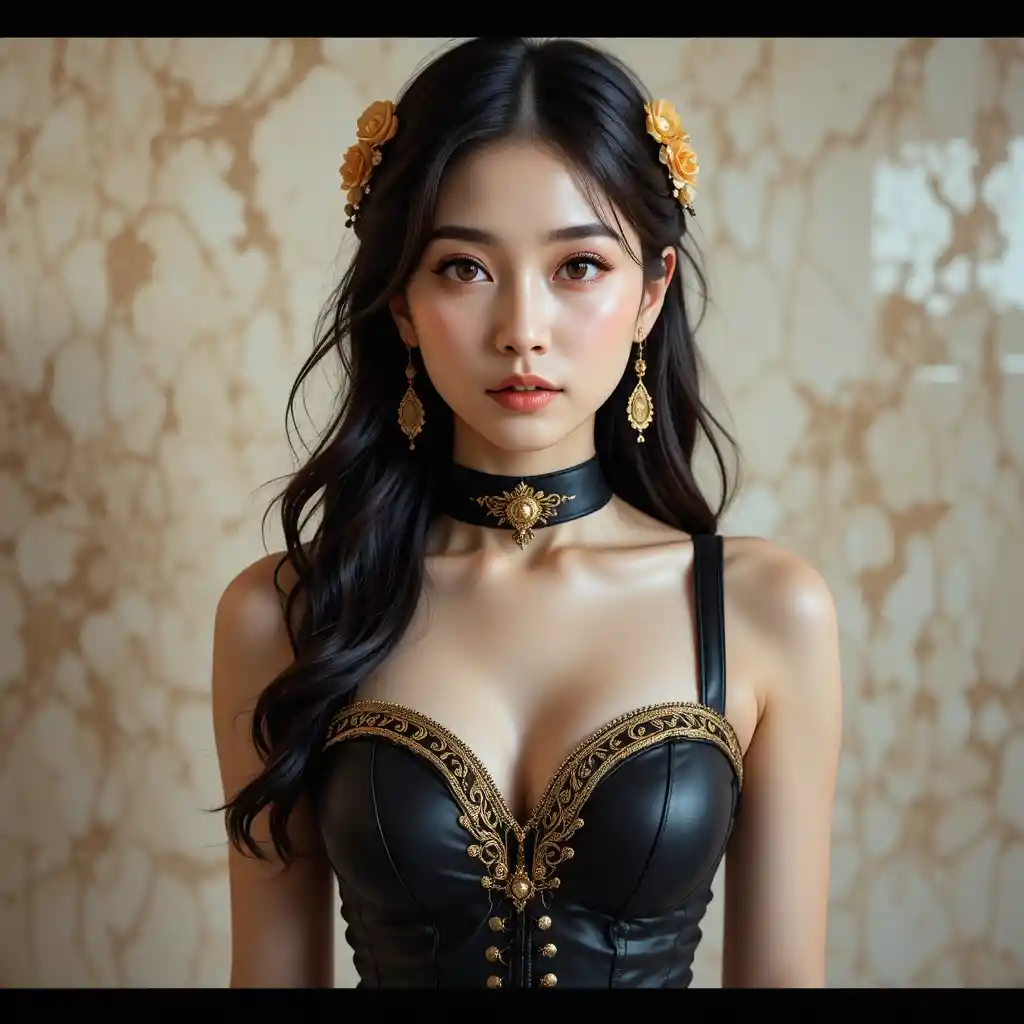 Elegant portrait of a young woman in black and gold corset