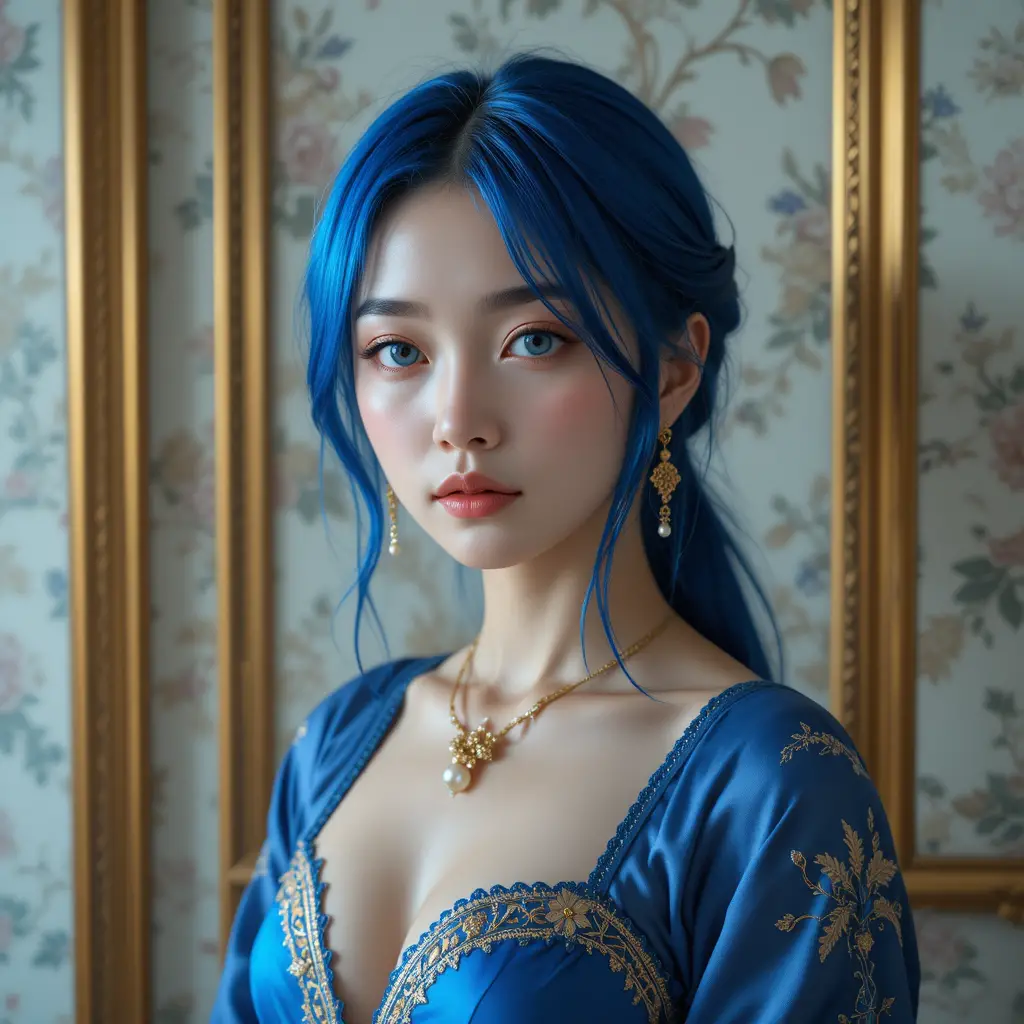 Jovem de cabelo azul em vestido de seda safira ornamentado