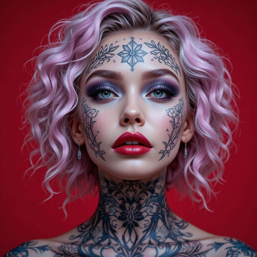 Mujer tatuada con cabello rosa pastel sobre fondo rojo