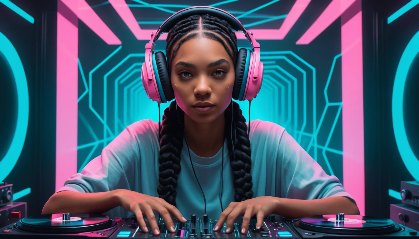 DJ donna futuristica su palco luminoso a forma di musicassetta