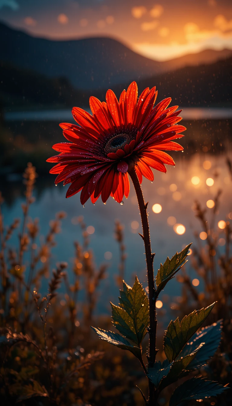 黄金色の夕日と静かな湖に映える逆光の花
