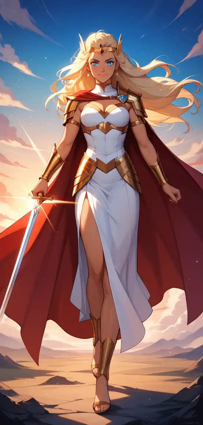 Blonde warrior princess posing with sword at sunset