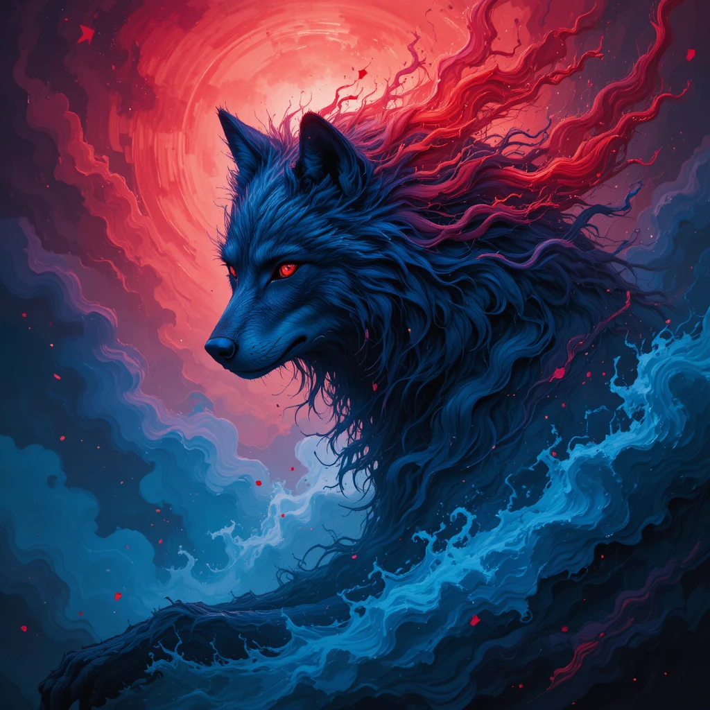 Lobo solitário em uma tempestade expressiva e turbilhante de cores