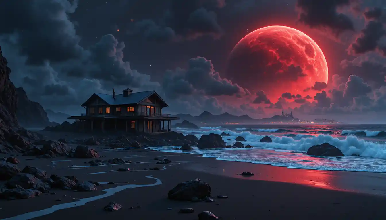 Maison futuriste sur une plage d’aliens en sable noir la nuit