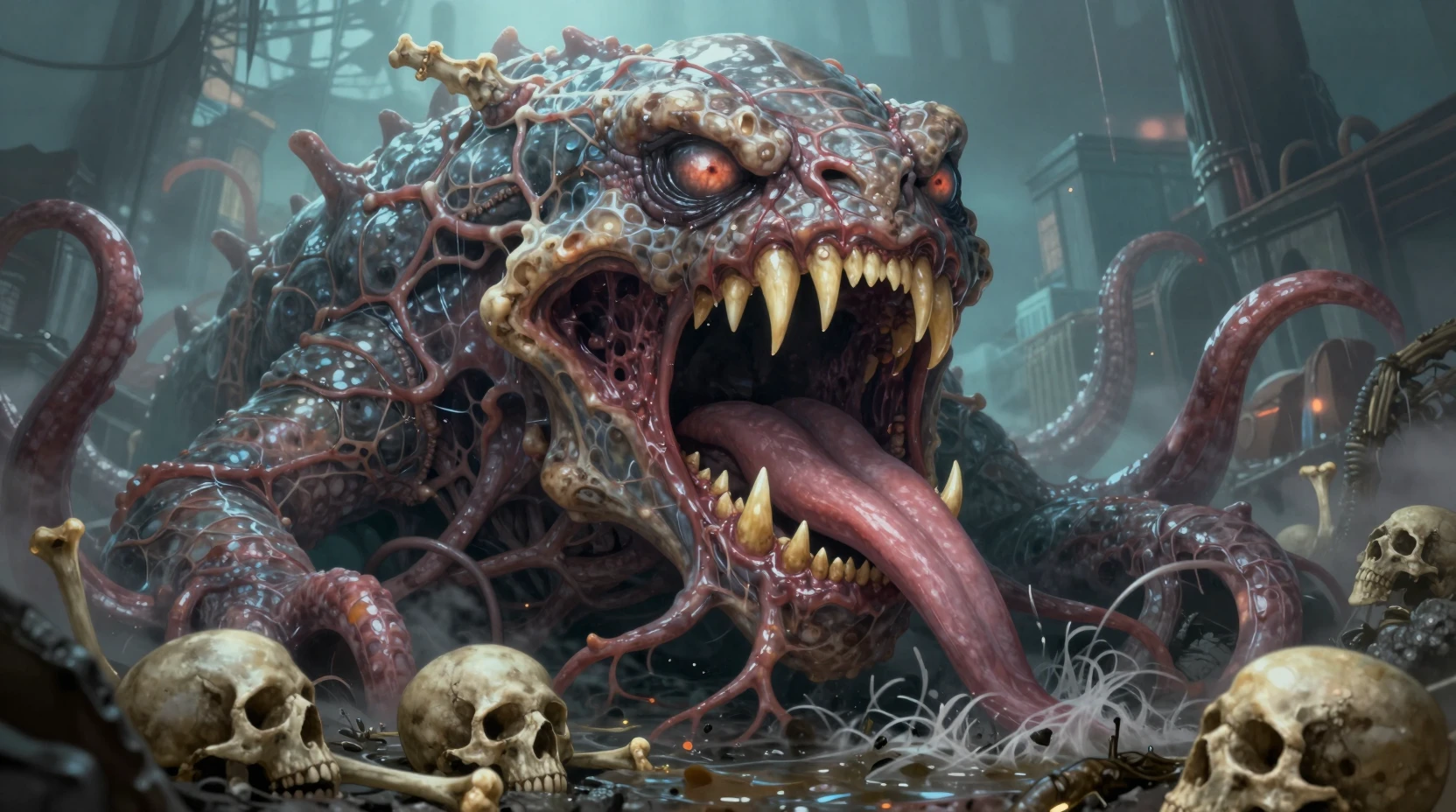 Monstro grotesco de esgoto com boca tentacular e caveiras