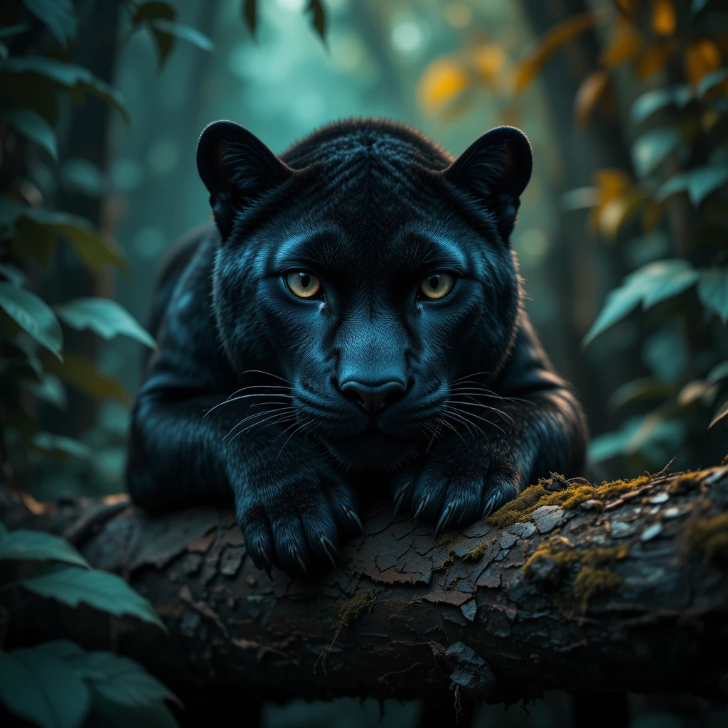Retrato em close de uma pantera negra em floresta sombria