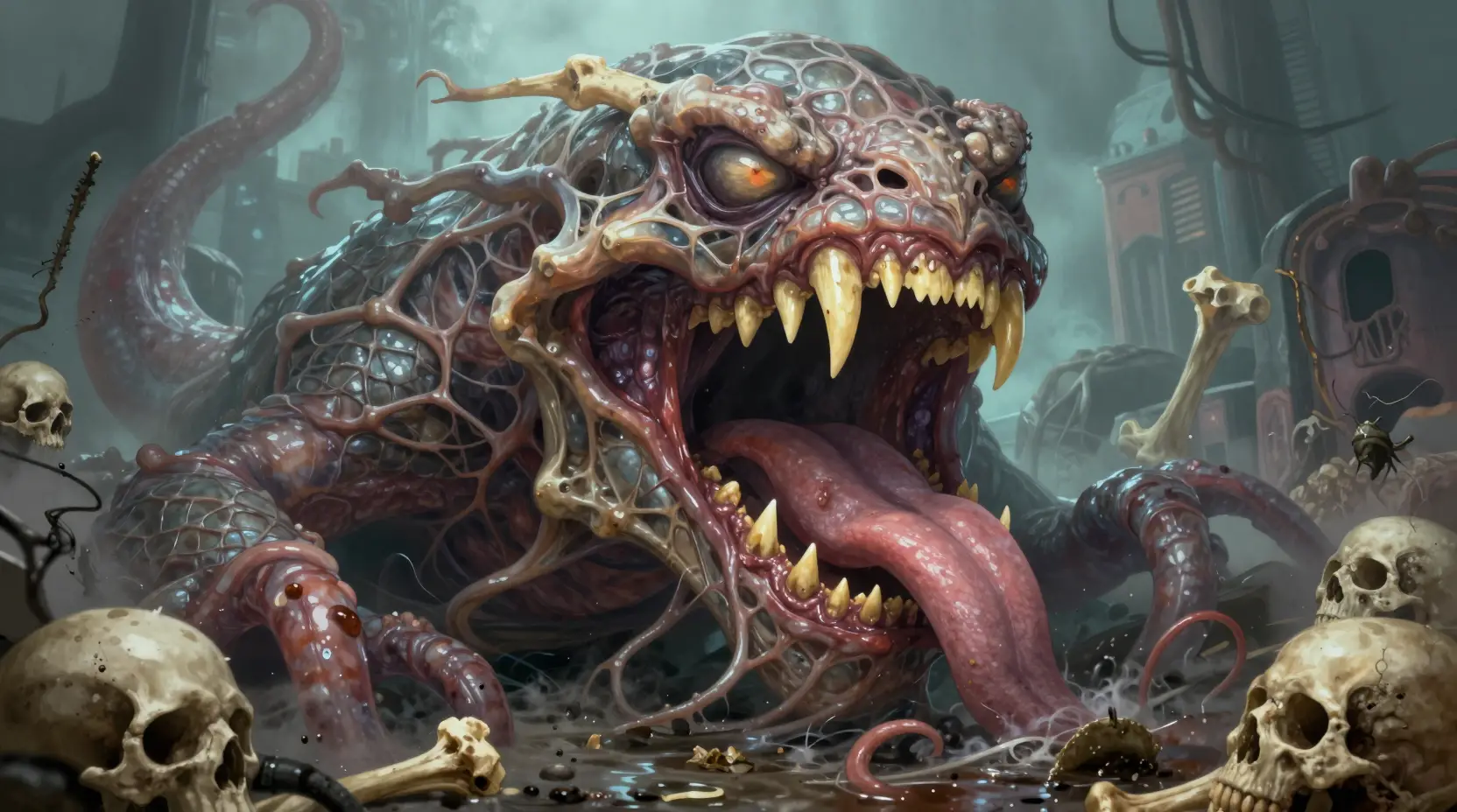 Monstro grotesco de esgoto com enorme bocarra e dentes serrilhados