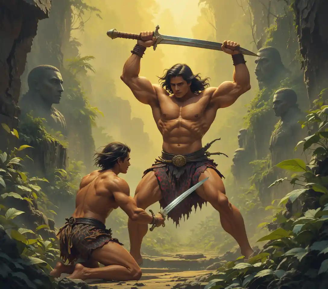 Heroic warriors clash with swords in a primal jungle