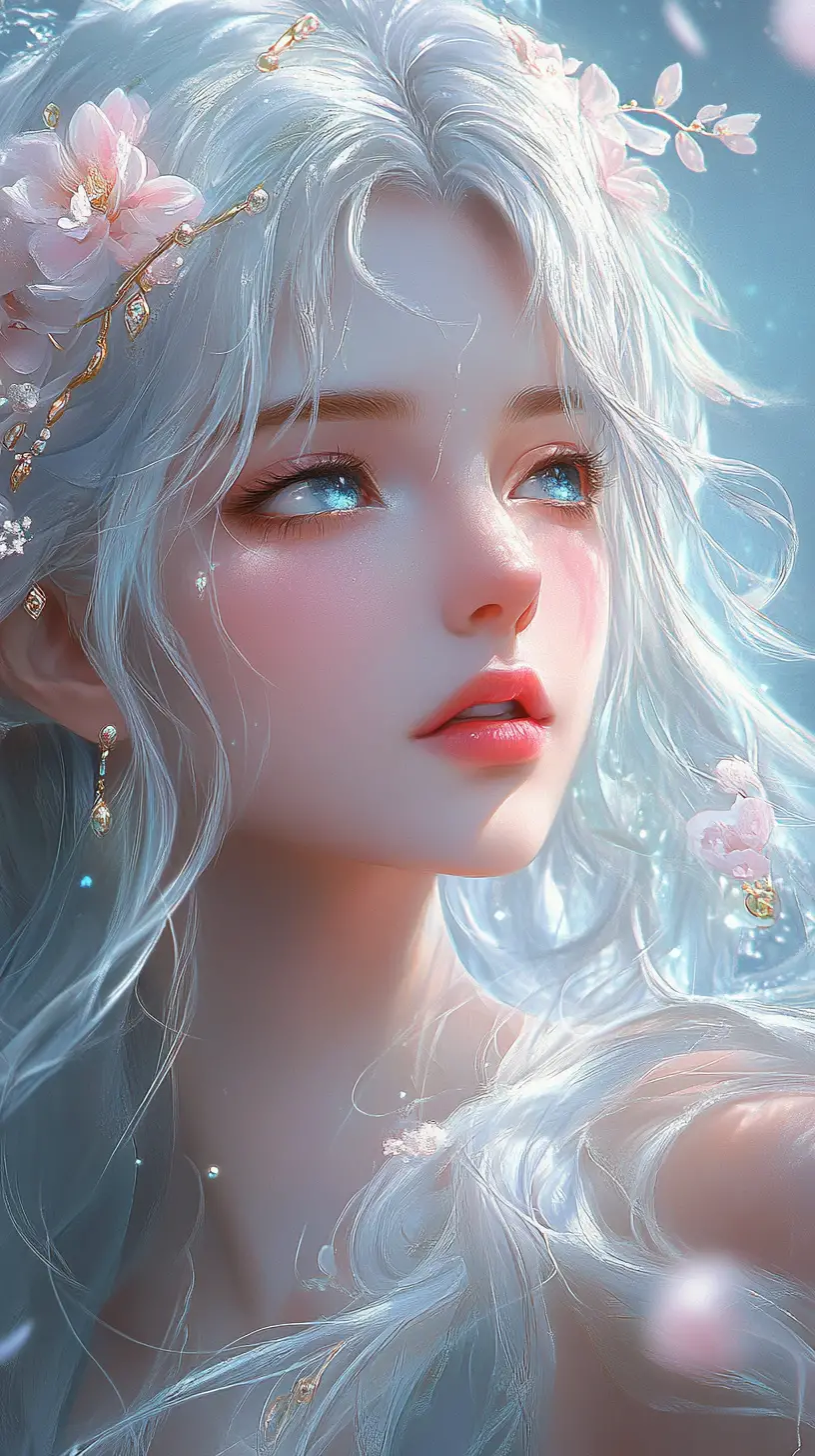 柔らかな青い光に包まれた銀髪のファンタジー少女と花