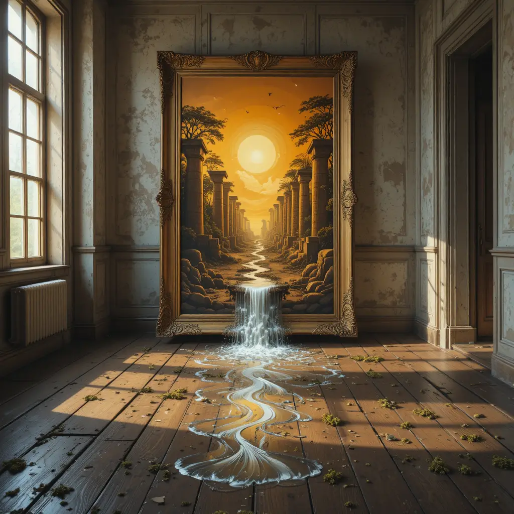 Antigo quarto iluminado pelo sol com pintura de portal egípcio e água