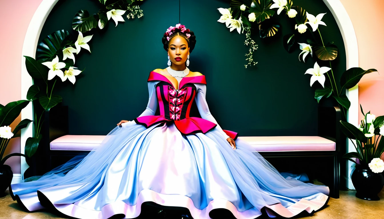 Elegant woman in floral ball gown in vintage interior