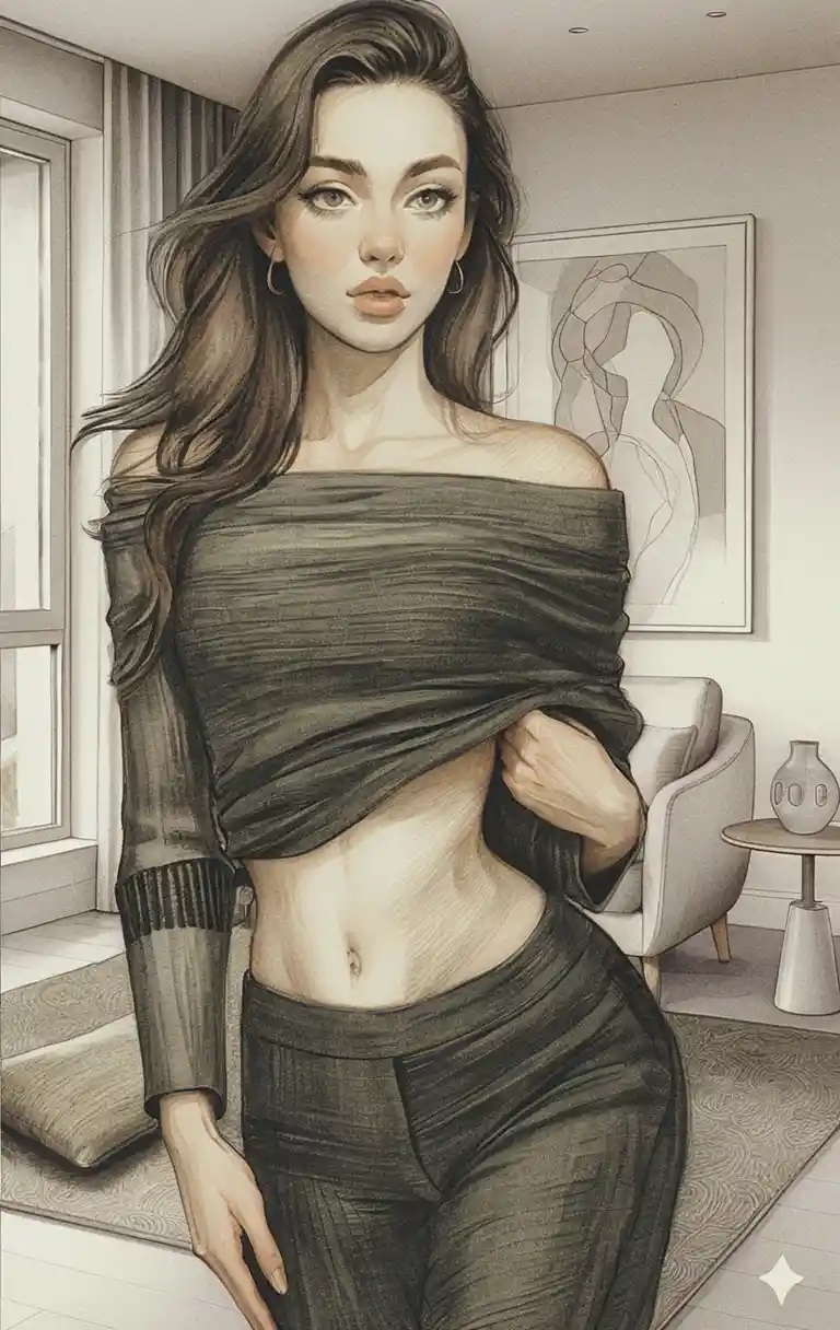 Graphite drawing of a young woman in a modern living room