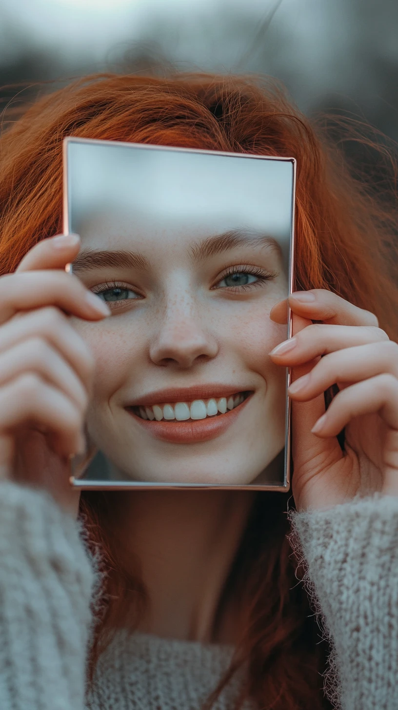 Ragazza dai capelli rossi che sorride nello specchio tenuto da mani delicate