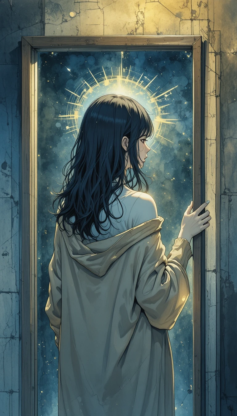 Anime girl at a mirror in a quiet night interior