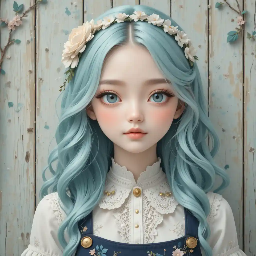 Mint haired anime girl in vintage floral outfit