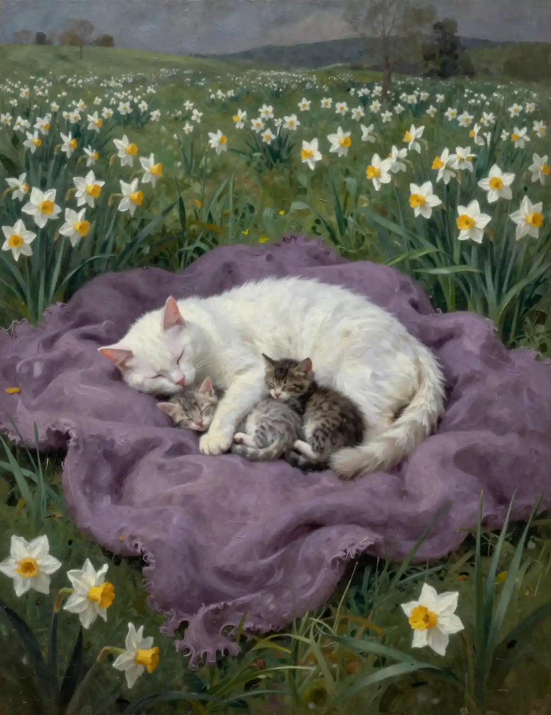 Weiße Katze und Kätzchen, die auf einer fliederfarbenen Decke schlafen