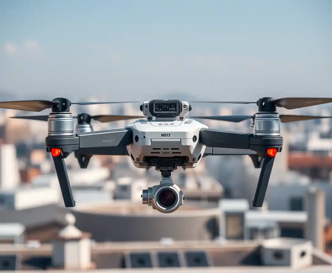 Futuristic surveillance drone above a modern city rooftop