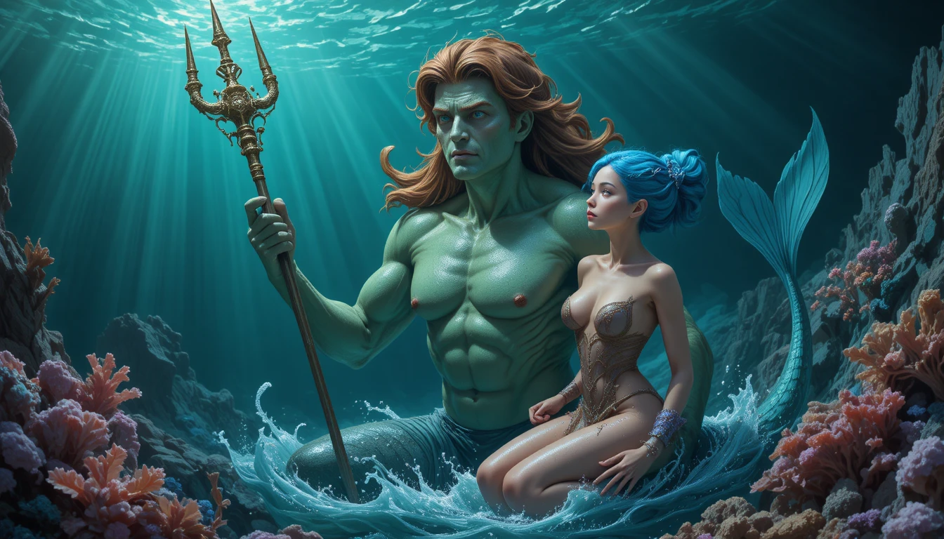 Poderosa sereia esmeralda segurando tridente cravejado de joias debaixo d’água