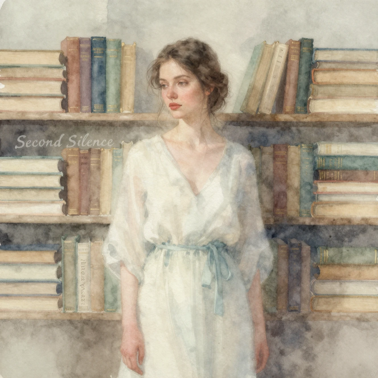 Garota em aquarela se desfazendo no silêncio de uma biblioteca solitária