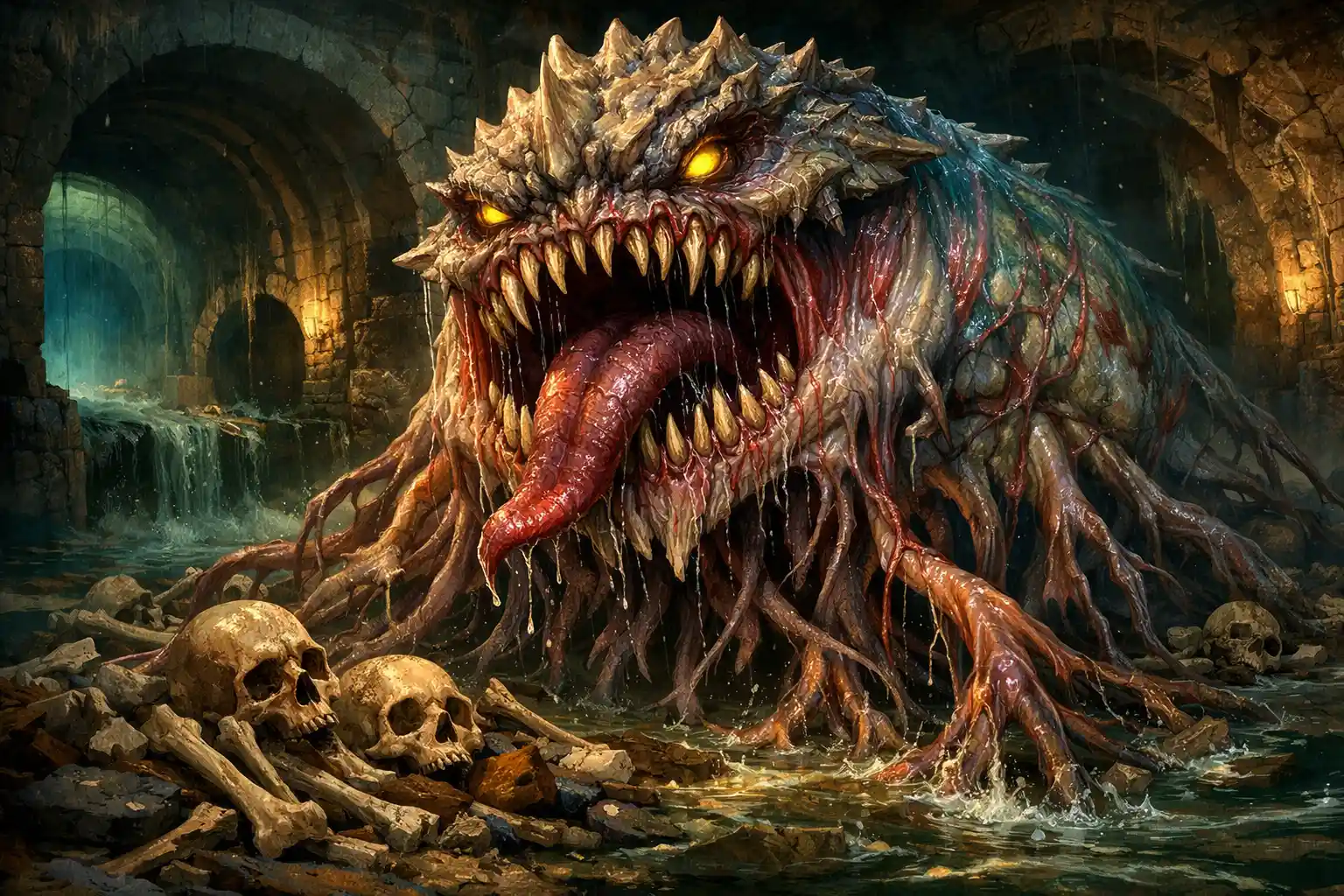Mostro colossale di fogna con fauci tentacolari e teschi
