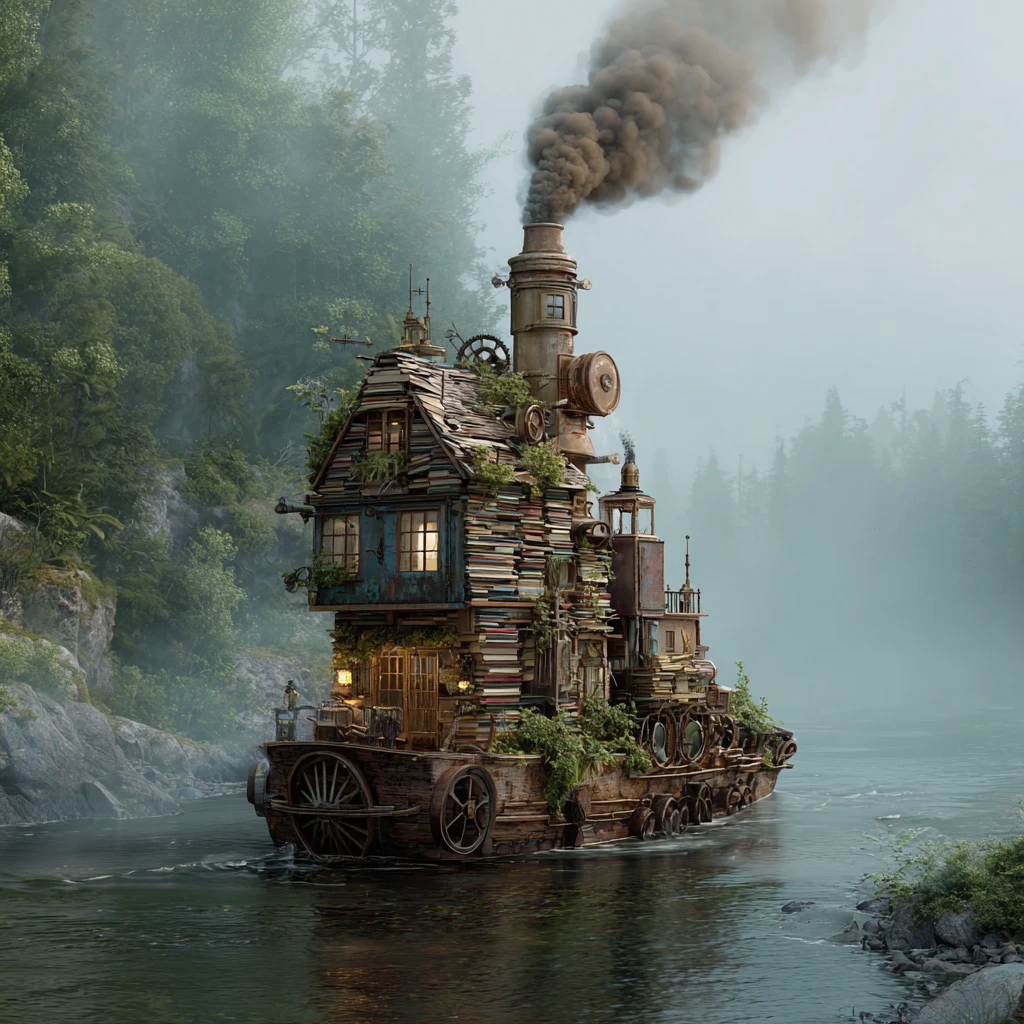 Casa-barco de livros steampunk à deriva em um rio enevoado
