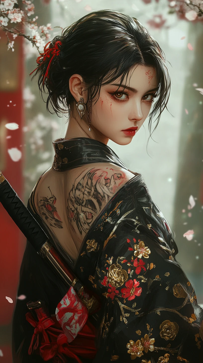 柔らかな桜の中に立つ黒い着物の女侍