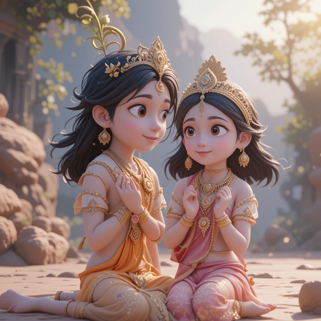 Menino divino Krishna em uma cena de animação devocional 3D