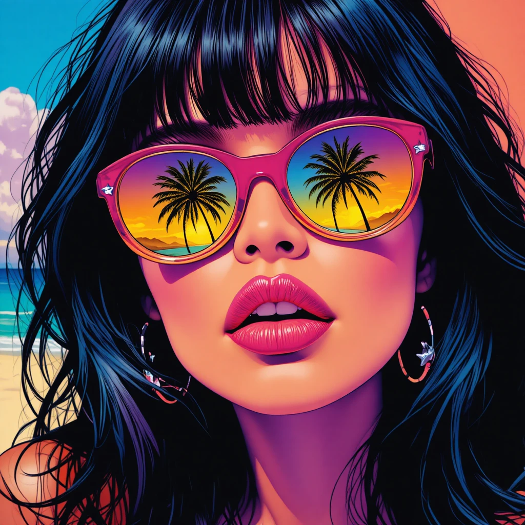 Primo piano pop art di donna con occhiali da sole sulla spiaggia di Malibu