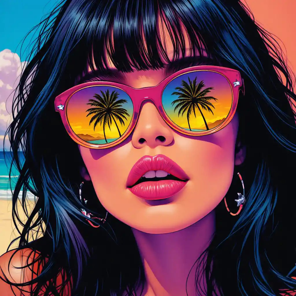Primo piano pop art di donna con occhiali da sole sulla spiaggia di Malibu