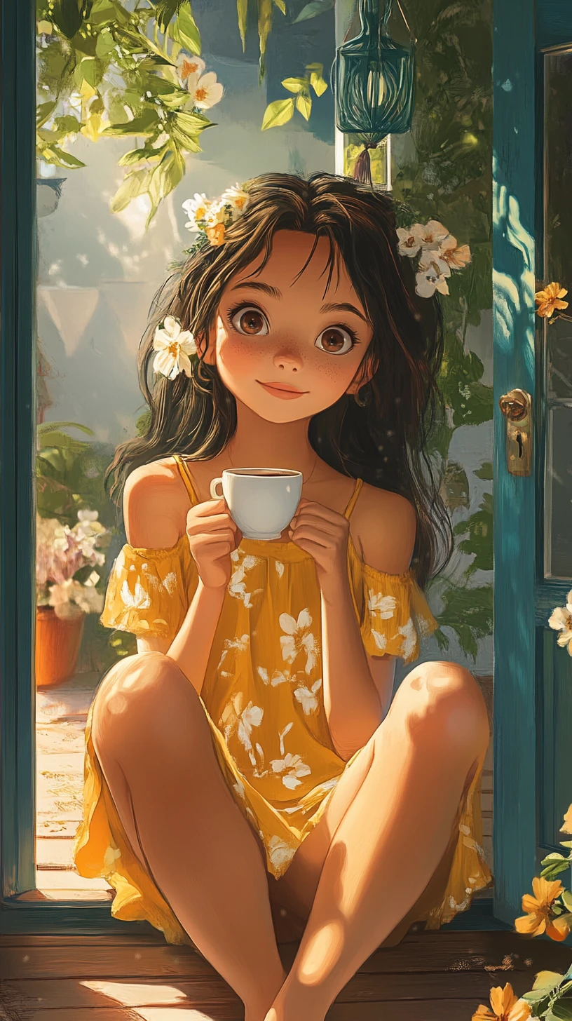 Anime girl on a rustic porch with coffee and plants