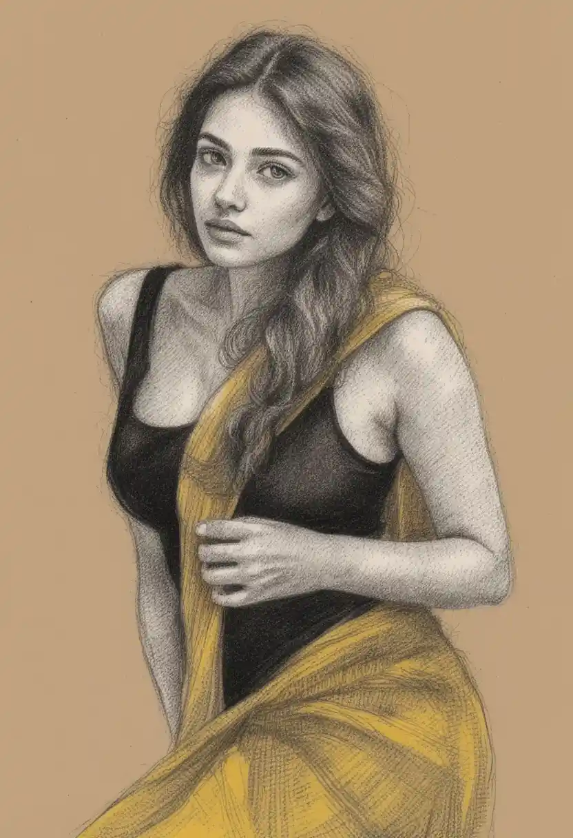 Ritratto mixed media di una donna sicura di sé in sari giallo